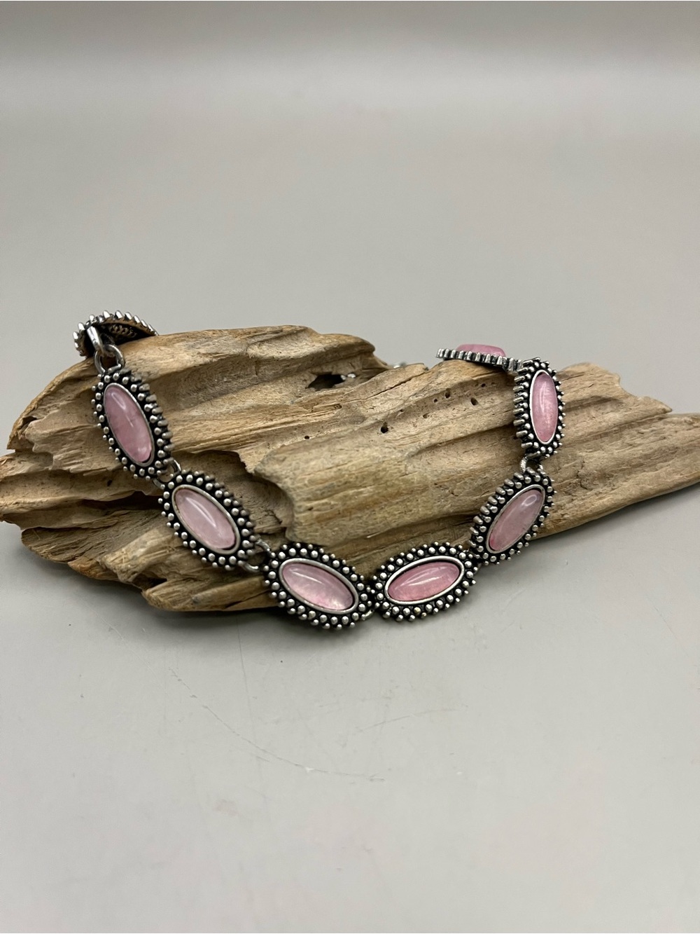 Silver Tone Pink Stone Link Bracelet | Boho Western Oval Beaded Adjustable